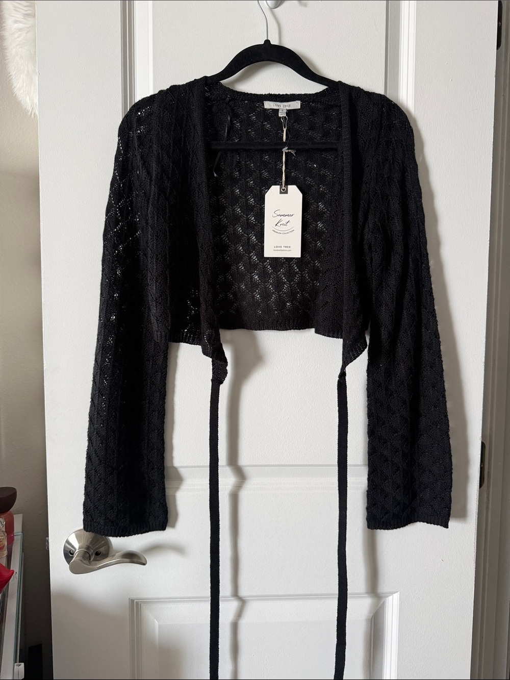 Black Open-Knit Cropped Tie-Front Cardigan